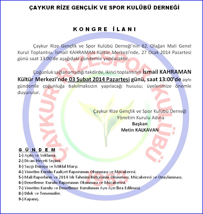 KONGRE İLANI / ÇAYKUR RİZE GENÇLİK VE SPOR KULÜBÜ DERNEĞİ