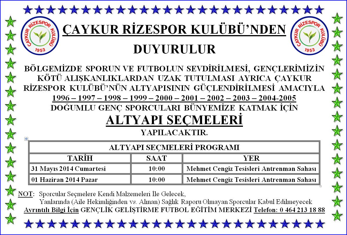 ÇAYKUR RİZESPOR KULÜBÜ 2014 ALTYAPI SEÇMELERİ İLANI