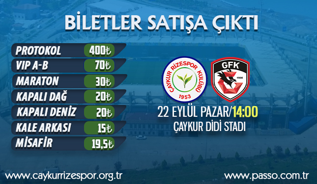 ÇAYKUR RİZESPOR - GAZİŞEHİR GAZİANTEP FK MAÇI BİLETLERİ SATIŞA ÇIKTI