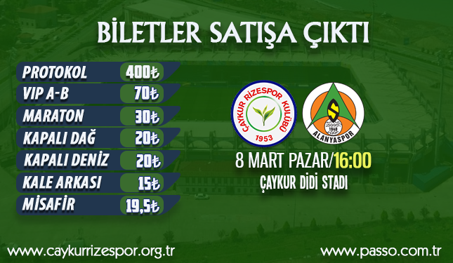 ÇAYKUR RİZESPOR - A. ALANYASPOR MAÇI BİLETLERİ SATIŞA ÇIKTI