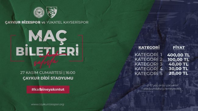 Çaykur Rizespor-Yukatel Kayserispor Maçı Biletleri Satışta