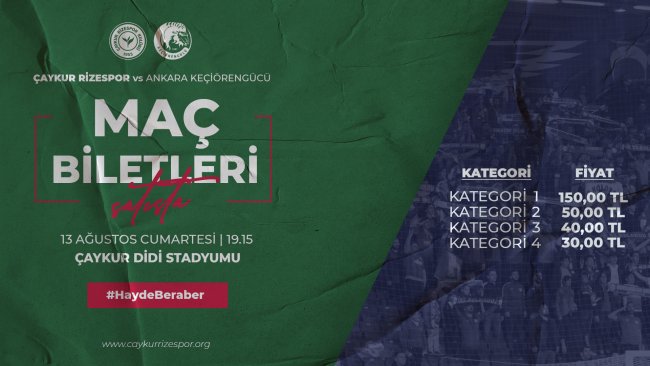 Çaykur Rizespor-Ankara Keçiörengücü Maçı Biletleri Satışta