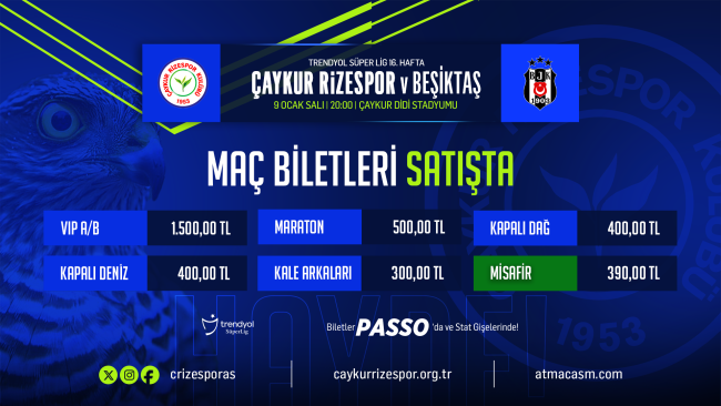 ÇAYKUR RİZESPOR - BEŞİKTAŞ MAÇI BİLETLERİ SATIŞA ÇIKTI